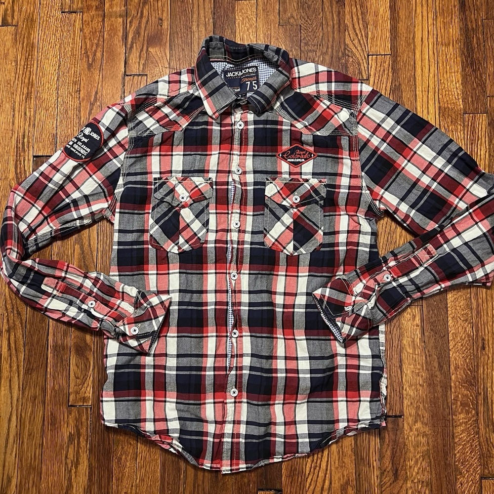 Jack & Jones Strength 75 Plaid Button Front Shirt Red Blue White Mens Medium